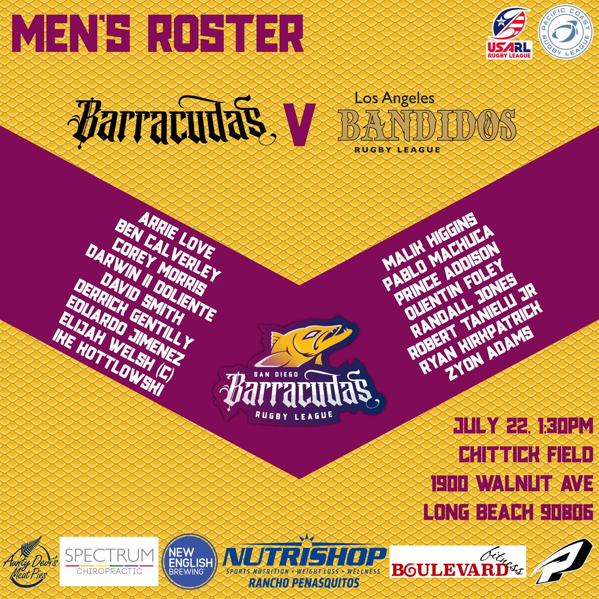 SD_Barracudas's tweet photo. Announcing your men's Barracudas roster!
Here is the 17 man squad travelling up to Long Beach tomorrow to take on @BandidosRL, looking to maintain our unbeaten start
#SDvsEverybody #rugbyleague #Rugby https://t.co/QLMeC3dtZj