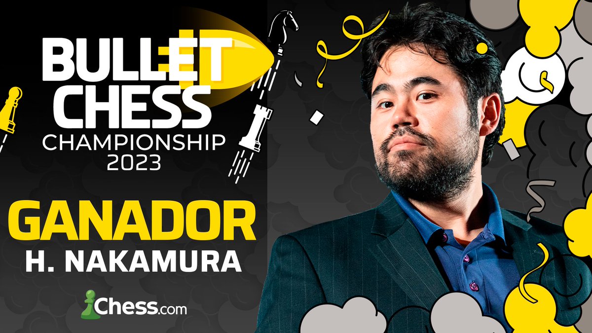 chesscom_es's tweet image. Enhorabuena a @GMHikaru por derrotar a 
@MagnusCarlsen ¡en el DESCUENTO y ganar el Bullet Chess Championship 2023! 🏆

Este es su cuarto título del BCC en cinco años, dominio absoluto del formato 🙌.