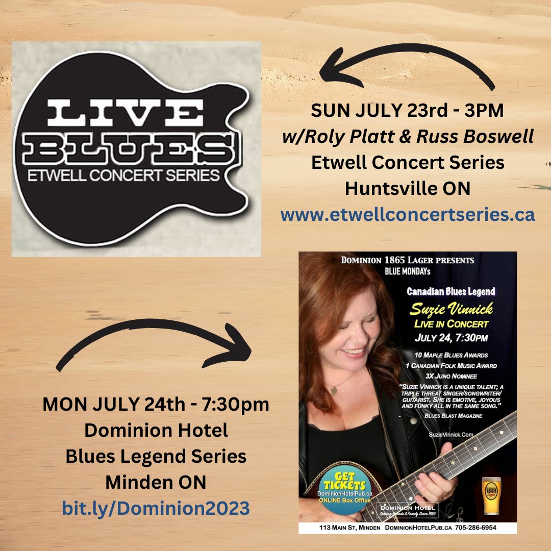 suzievinnick's tweet photo. 2 shows coming up: 

Sun July 23 - 3pm #EtwellConcertSeries #HuntsvilleON w/@rolyplatt on harmonica &amp; @russ_boswell_bass $20 at show. 

Mon July 24 - #MindenON at @dominionhotelpub 7:30pm - https://t.co/Bx6A3ueGHO https://t.co/c2imNrkJts