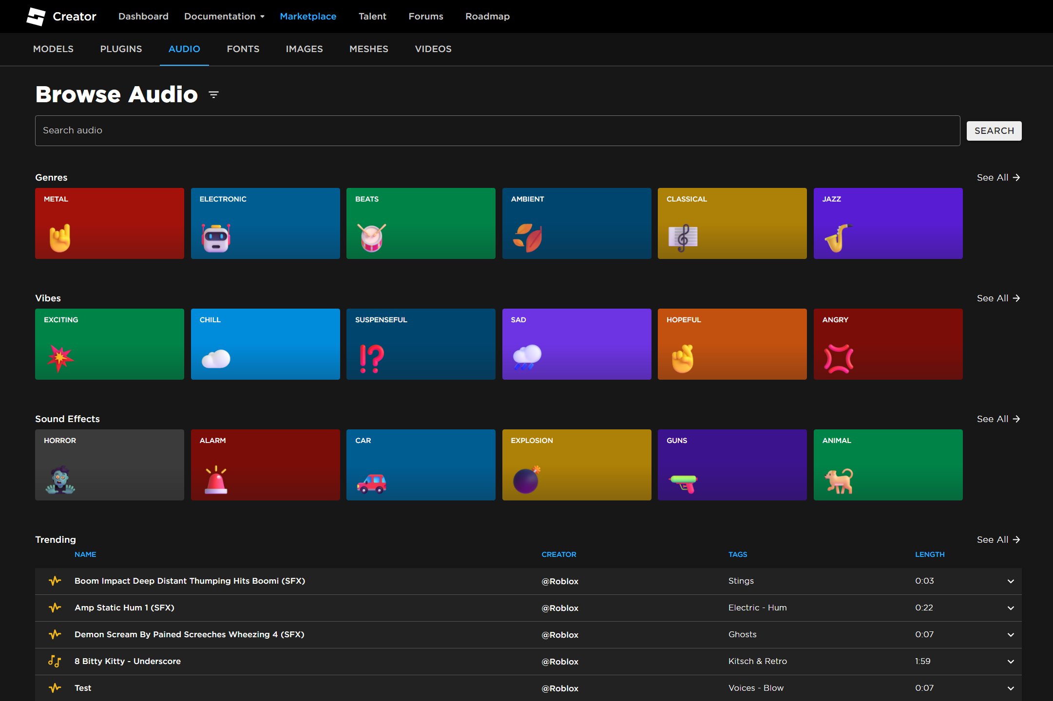Bloxy News on X: Roblox has updated the landing page of the Audio  Marketplace to include new categories such as Genres and Vibes for sorting  through music, different Sound Effects, and a
