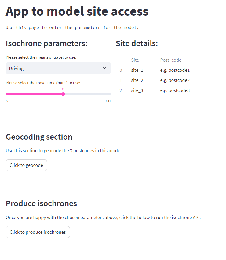 Getting familiar with <a href="/streamlit/">Streamlit</a> this week. Early days, but so far so good &amp;, lets be honest, *massively* helped by how good a job they've done with their documentation 👏. Next: figure out incorporating API calls for isochrones #python #workinprogress
