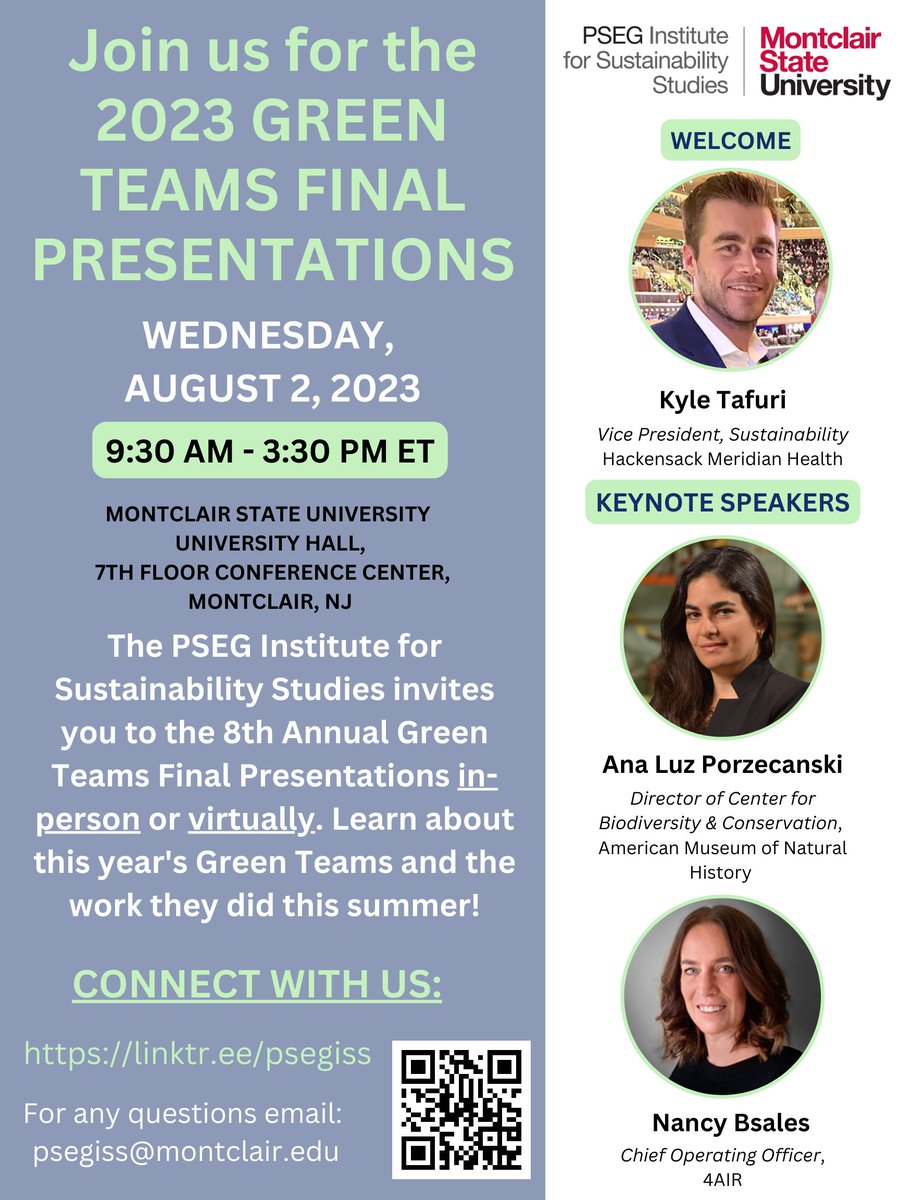 The #2023GreenTeams Final Presentations are quickly approaching!

Join us on Wednesday, August 2nd, 2023 from 9:30 AM - 3:30 PM ET in the 7th Floor Conference Center in University Hall at <a href="/montclairstateu/">Montclair State University</a>! 

RSVP here: lnkd.in/eKtjNSAB

#PSEGISS #2023GTs #sustainability