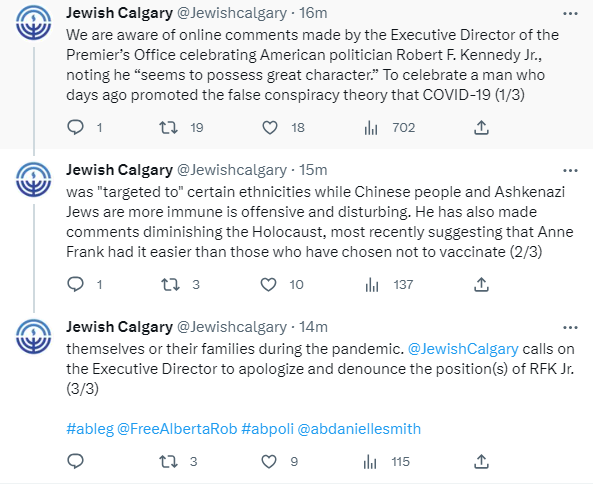 KevinNimmock's tweet photo. The Calgary Jewish Federation is calling on Alberta Premier's Office Executive Director Rob Anderson to apologize. 

Anderson lauded RFK Jr., saying he "seems to possess great character." The American politician has suggested Anne Frank had it easier than unvaccinated people. https://t.co/0Uw5qLlUXg
