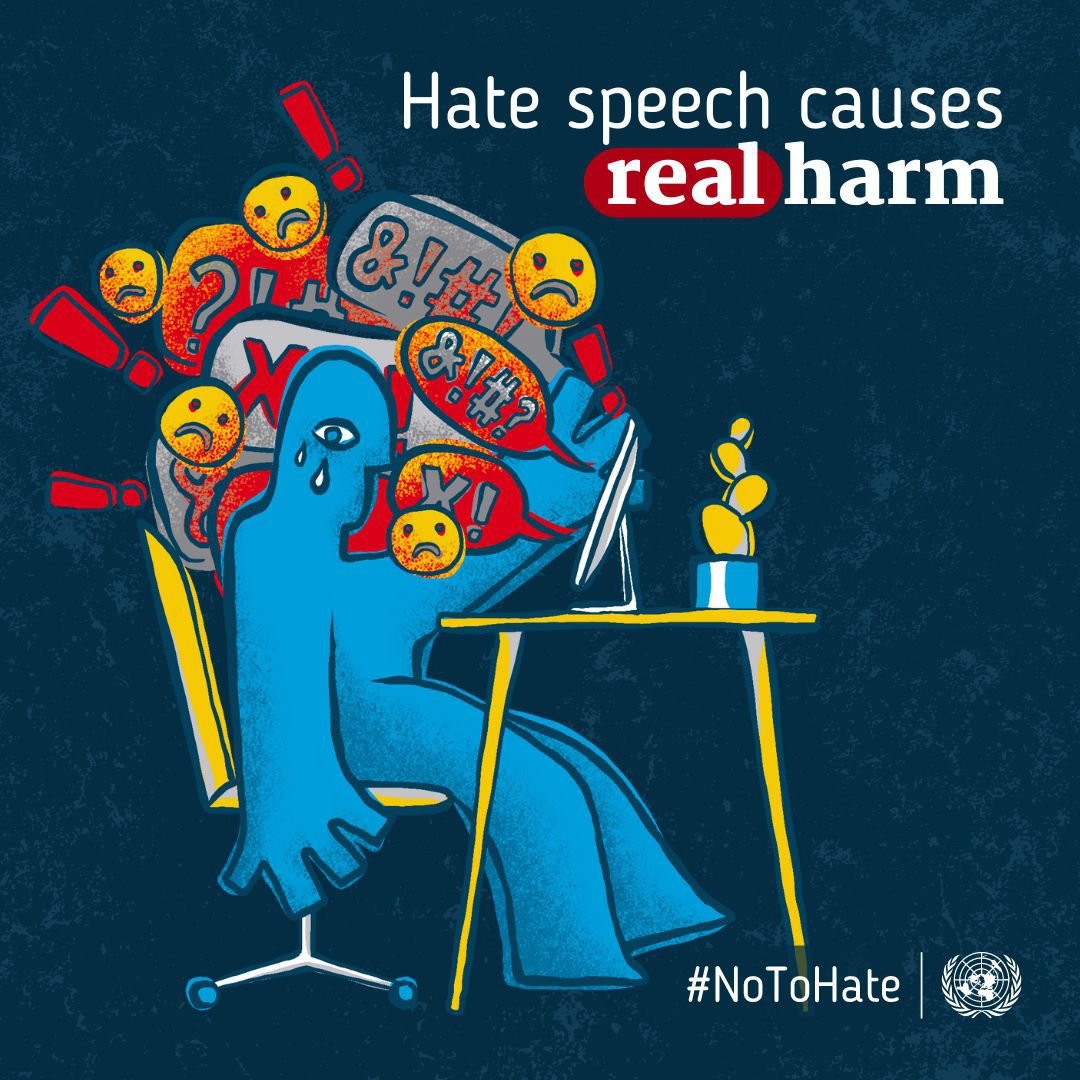 Hate speech online can cause harm in real life. Challenge hate by sharing messages of tolerance & equality. More ideas about how each of us can take action & say #NoToHate: un.org/en/hate-speech…