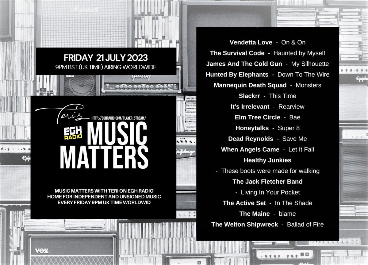MusicMatters_T's tweet photo. #TuneInNow @EGHRadio #MusicMatters #ListenHere ▶️https://t.co/oUmVSisElC
#NowPlaying the great new music from-
@VendettaLove_
@TheSurvivalCode
@andthecoldgun_
@huntbyelephants
@MannequinDsquad
@Slackrr_
#ItsIrrelevant
@ElmTreeCircle
Enjoy!! ...and more to follow #NewMusicAlert https://t.co/JaPNtdSSxY