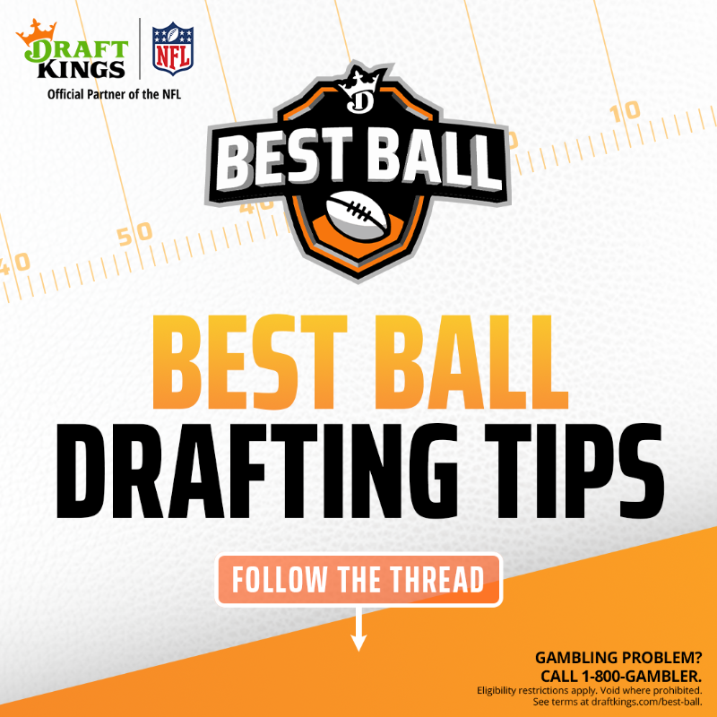 DraftKings's tweet photo. Take your drafting game to the next level with these #DKBestBall tips. Click below and create the ultimate winning roster! 🏈🏆