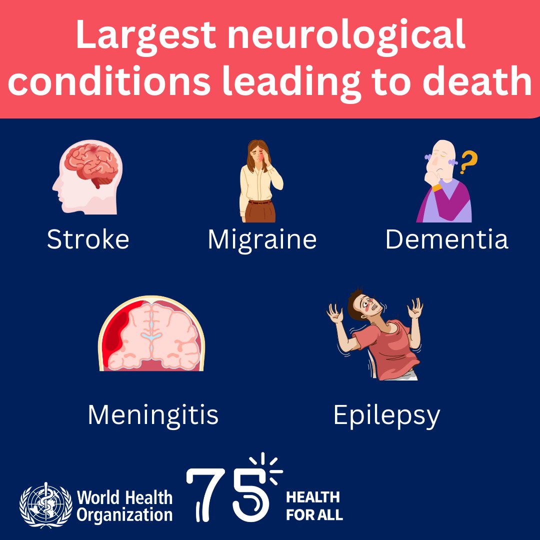 Neurological conditions account for 9 million deaths annually, with approximately 70% in low- and middle-income countries.

The largest contributors to these neurological conditions are:

🔴stroke
🔴migraine
🔴dementia
🔴meningitis
🔴epilepsy

#WorldBrainDay2023 #WorldBrainDay