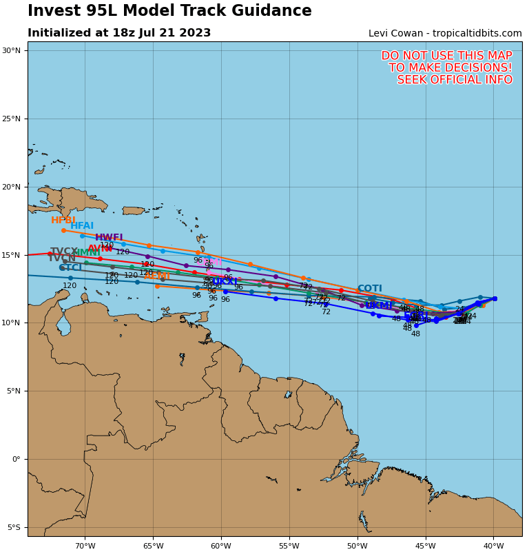ouragans's tweet photo. Position de la perturbation #95L à 18h TU: 11.8N 39.9W soit 2146 km à l'E de Barbade, vents maxi 46 km/h, déplacement vers l'W ou 278° à 13 km/h, pression mini 1012 mb

Image de prévisions de trajectoire à 18h TU -via @TropicalTidbits https://t.co/IRwd9B73yG