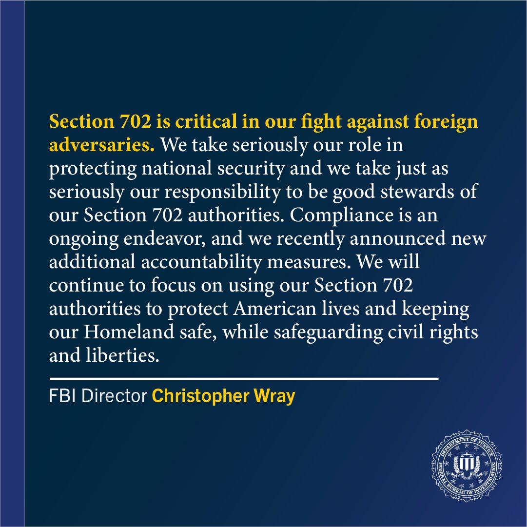 FBI's tweet image. The release today of the Foreign Intelligence Surveillance Court's April 2023 Opinion highlighted how the #FBI's remedial measures significantly improved its Section 702 query compliance. Read more at fbi.gov/fisa.