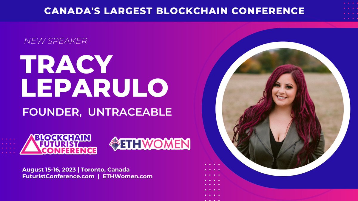 ETH_Toronto's tweet photo. 🎙️Speaker Announcement🎙️  

Tracy Leparulo, Founder of Untraceable is an official speaker at #ETHToronto 🎉  

📍 Toronto, Canada + Hybrid
🗓️ August 15-16 2023 
APPLY NOW: https://t.co/V0cItdnVSV https://t.co/uSuwRzKCZ1