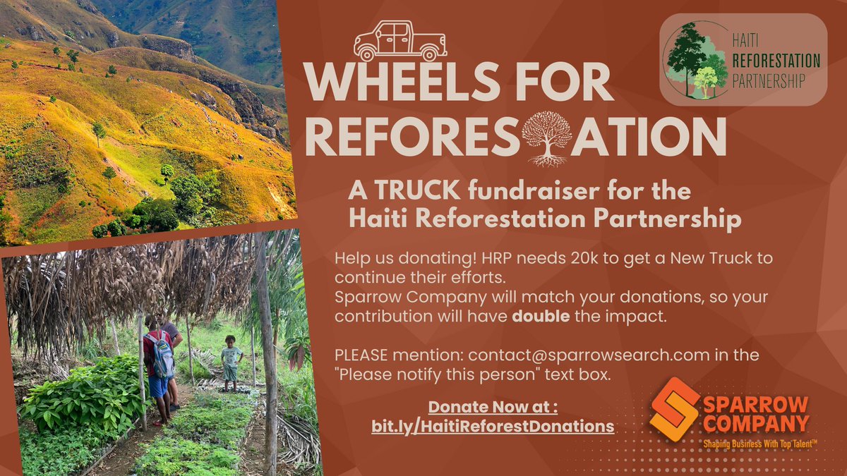 🌳🚚 Wheels for Reforestation: Drive Our Mission Forward 🚚🌳

Double your impact! Mention 'contact@sparrowsearch.com' in the donation form, and Sparrow Company will match your gift. Let's drive change together! 🌿💫

#WheelsforReforestation #DriveOurMission #DoubleYourDonation