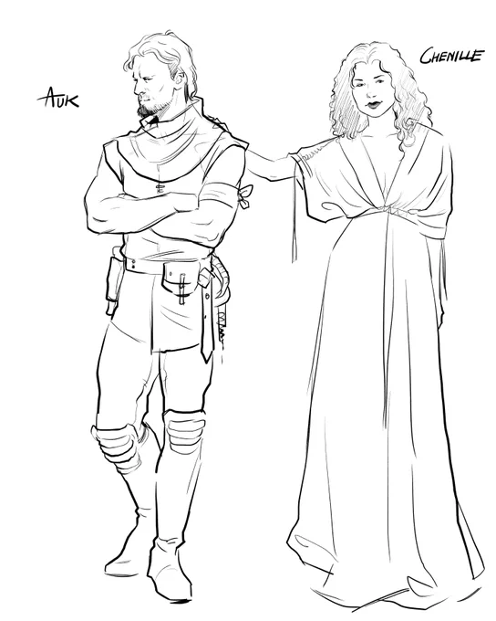 Auk & Chenille.   Forgot to add a scabbard for Auk's sword-- will add that later.
