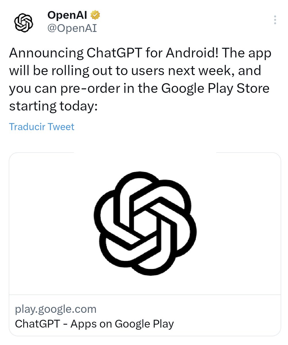 DotCSV's tweet photo. 🔴 ¡CHATGPT LLEGA A ANDROID!

Amigos de Android, ya podréis disfrutar de ChatGPT en vuestro móvil! Ya está, esa es la noticia 😁 https://t.co/rTo4s9AFwB