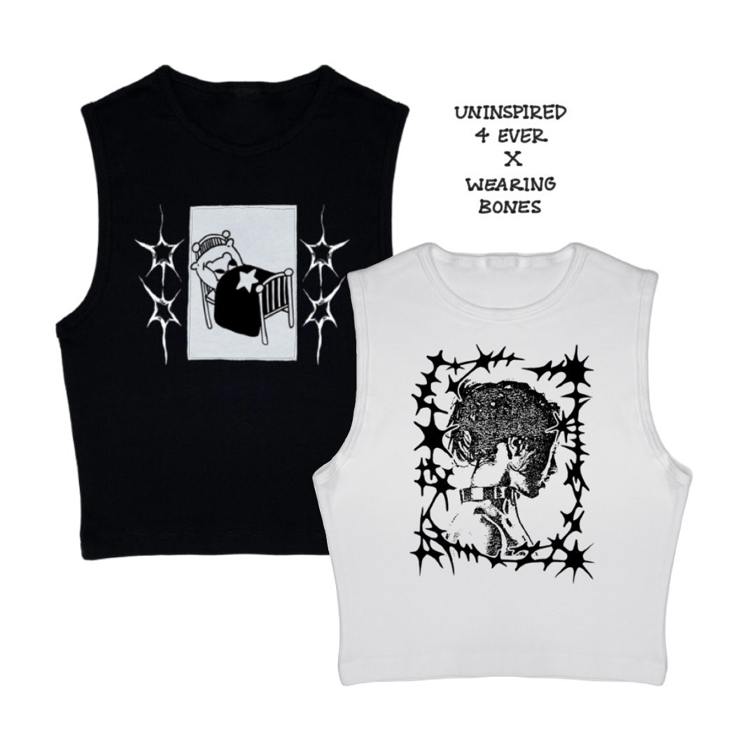 uninspired4ever's tweet photo. uninspired 4 ever x wearing bones restock out now ✩°｡⋆⸜(ू˙꒳​˙ ) 

baby tees &amp; tanks available in xs-xl *‧.₊˚*੭*ˊᵕˋ੭.* made ethically in LA, screen printed in house by wearing bones, designed by us for you. https://t.co/DvJfHFriFF