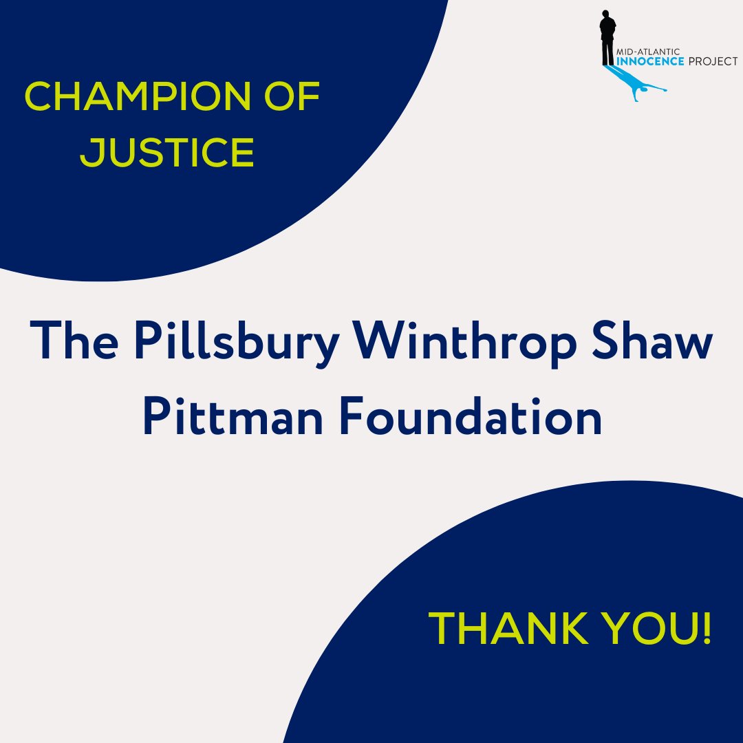 Thank you to The Pillsbury Winthrop Shaw Pittman Foundation and @pillsburylaw! More than 25 Pillsbury associates have screened cases for us, and the firm is working with us to help exonerate MAIP client Kenneth Bond-El. We look forward to our continued partnership!