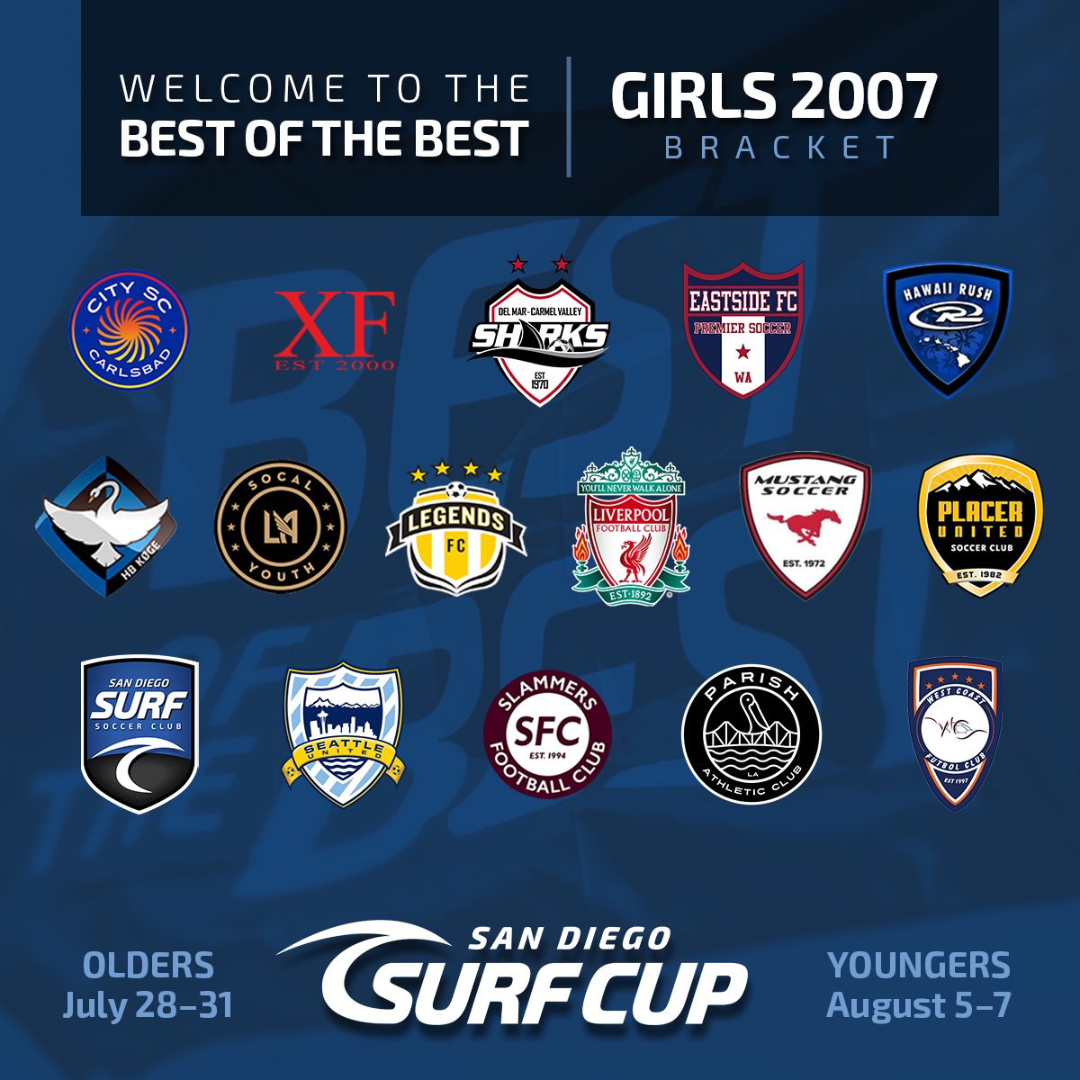 #SurfCup is thrilled to announce our 2007 Boys & Girls #BestOfTheBest Brackets! With SEVEN days to go, we're gearing up to host the nation's top clubs and huge matchups! We cannot wait to hand out the 🏆 to the #BestOfTheBest!