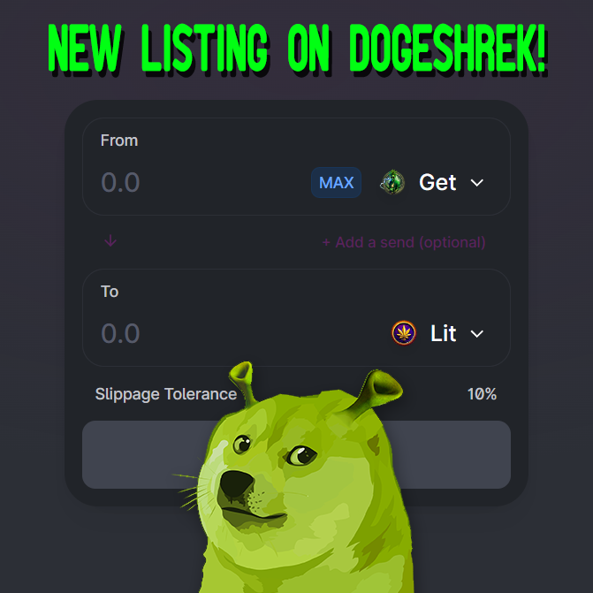 DogeShrek's tweet photo. New listing on https://t.co/A4bBO8sumf! Get/Lit, from the team:
Get Lit and fly high, 2 tokens intertwined, designed to blow your mind. 5% tax, meme, arbitrage, hedge, rewards.
TG https://t.co/4Y5x0f5Fra
Twitter @GetLitNow https://t.co/N1rw9dNLNJ