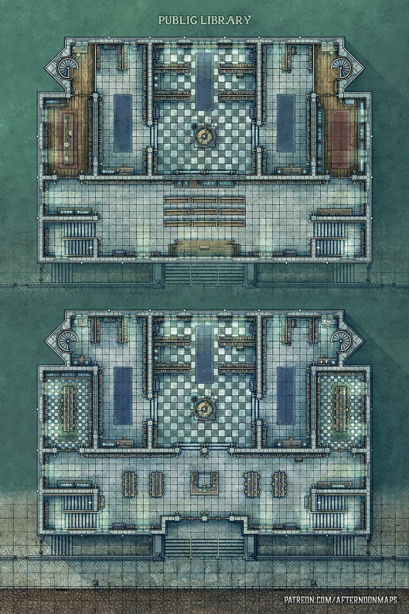 AfternoonMaps's tweet photo. Just finished my latest map! This one is a Public Library, a great place to research and more likely find some secret knowledge that threatens to end the world, as per usual. Find links to the release in the replies. https://t.co/mmIvg8rQrC