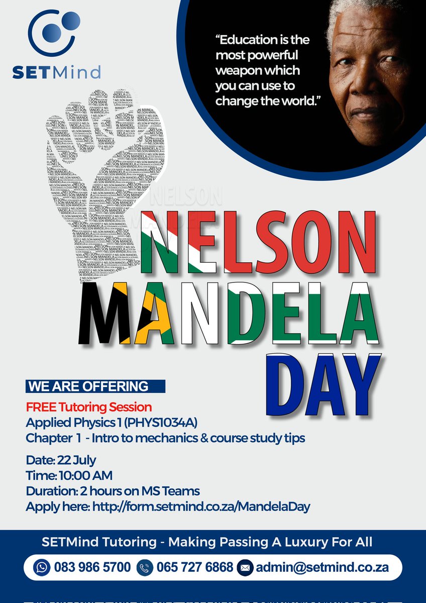 SetmindTutoring's tweet photo. Hi All,

As part of Mandela day's celebration, SETMind tutoring will be celebrating hosting a FREE Phys1034 session tomorrow @10:00am 😊✍️. Join us to kick start your semester!

Fill this form to sign up
https://t.co/ZDQ5rnk8dZ https://t.co/kBJQCdtIQQ