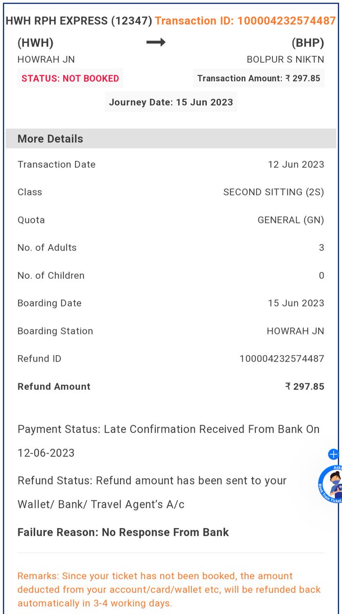 ArupratanHalder's tweet photo. I booked three train tickets on 12 jun 2023.The ticket doesn't book But the amount has been debited refund id 100004232574487.Refund amount RS 297.85 .Till now I don't receive my amount.The bank says that the ticket has been booked,so the amount can't be credited 
@IRCTCofficial https://t.co/6NWoKXBKmd