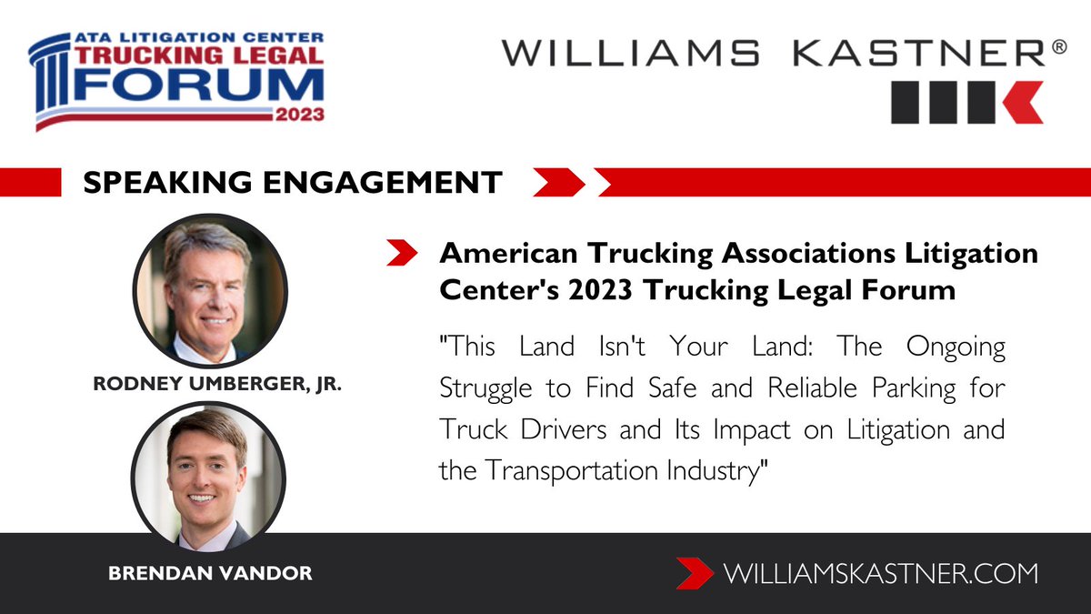 WilliamsKastner's tweet image. Attorneys Rodney Umberger, Jr. and Brendan Vandor recently joined a panel discussion at the @TRUCKINGdotORG Litigation Center's 2023 #Trucking Legal Forum. #transportation #law #LawFirm