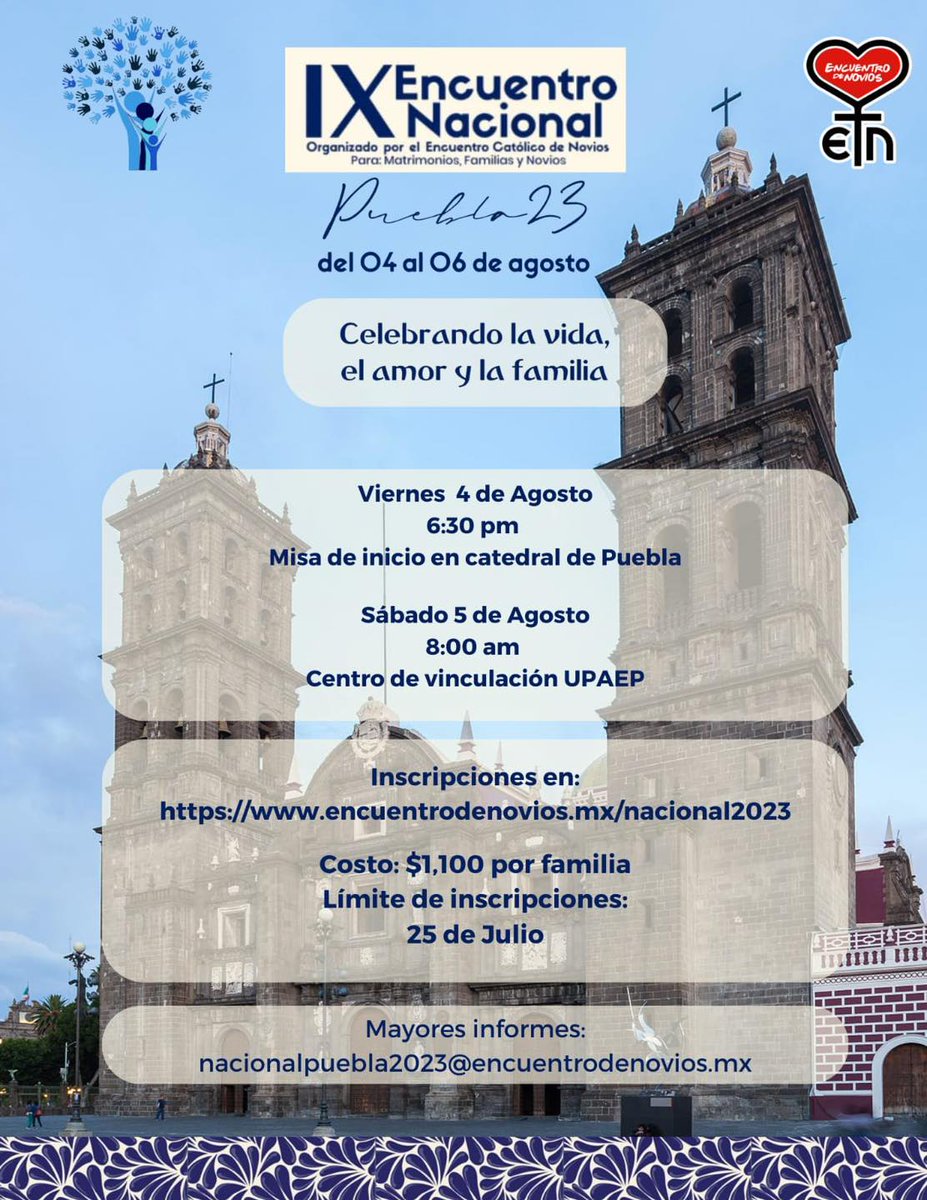 Arqui_Puebla's tweet photo. Puebla será sede del próximo IX Encuentro Nacional de Novios. Para matrimonios, familias y novios. Del 4 al 6 de agosto.
𝐈𝐧𝐬𝐜𝐫𝐢́𝐛𝐞𝐭𝐞 𝐚𝐪𝐮𝐢́ 📷
https://t.co/2tDNoZaGai
📷 𝐈𝐧𝐟𝐨𝐫𝐦𝐞𝐬:
222 176 0073 https://t.co/RcFVWW3gHJ