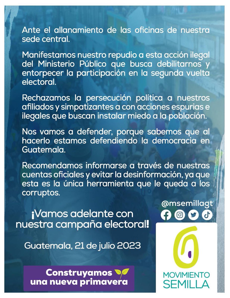 msemillagt's tweet photo. ✨🌱 A la población guatemalteca, a los medios de comunicación nacional e internacional, compartimos el siguiente comunicado de nuestro Comité Ejecutivo Nacional: https://t.co/Rw5rQ5Rdwd