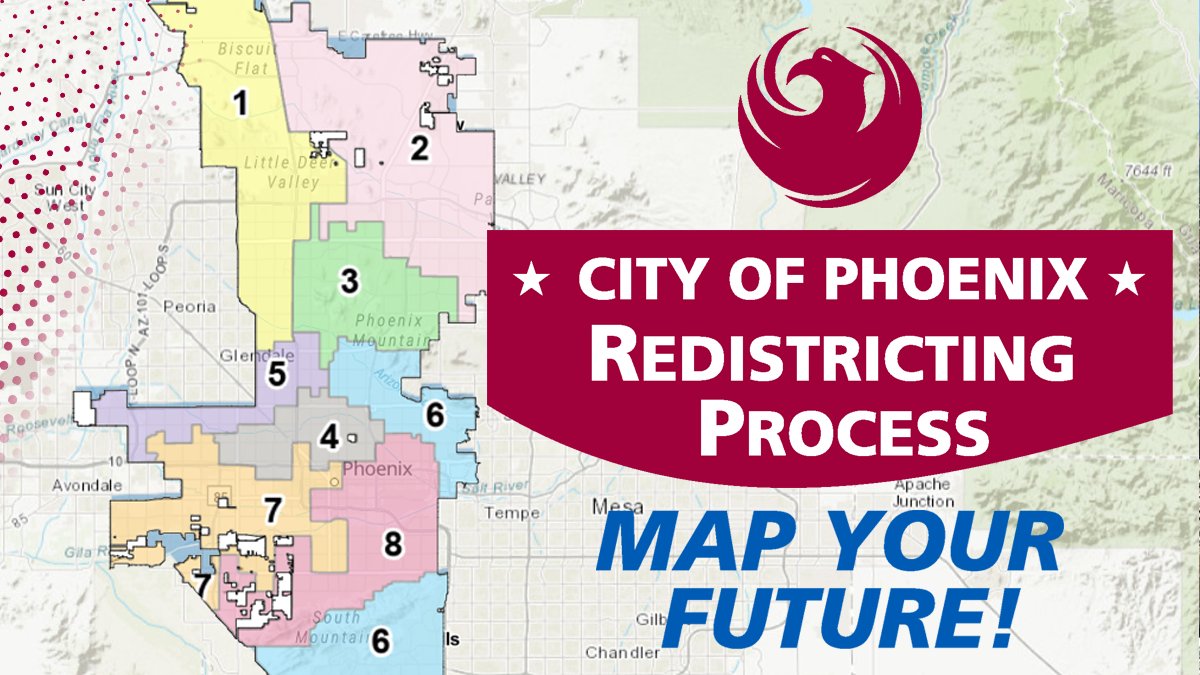 Phoenix City Manager (@phxcitymanager) on Twitter photo We need your help! The once-in-a-decade #Phoenix City Council redistricting process is about to begin, and we want to know what you think.
Learn more and submit your own #PHX boundary map by August 1 at PhoenixRedistricting.com. <a href="/CityofPhoenixAZ/">City of Phoenix, AZ</a> We need your help! The once-in-a-decade #Phoenix City Council redistricting process is about to begin, and we want to know what you think.
Learn more and submit your own #PHX boundary map by August 1 at PhoenixRedistricting.com. <a href="/CityofPhoenixAZ/">City of Phoenix, AZ</a>