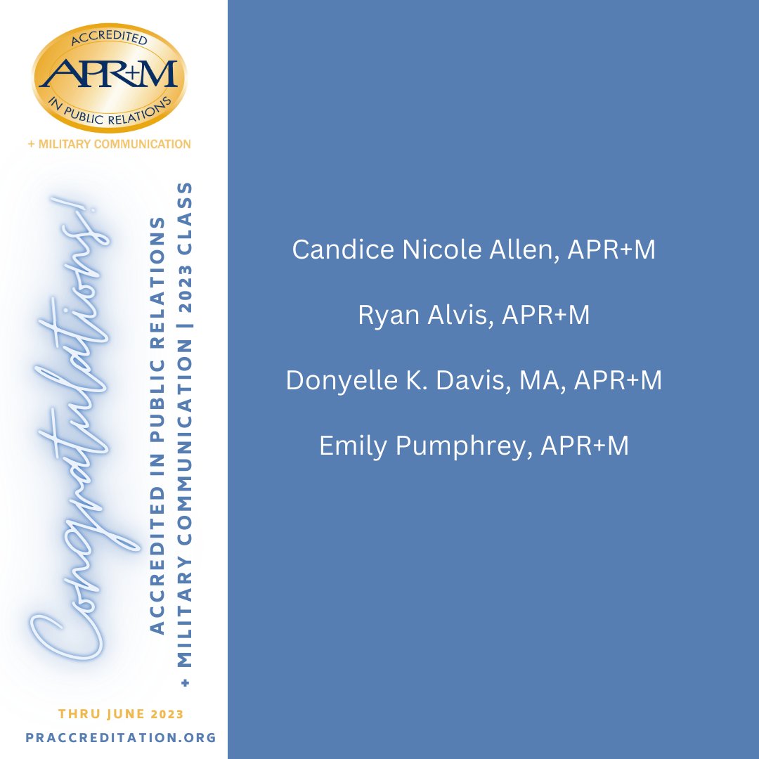Today, the Universal Accreditation Board granted Accreditation to four individuals who earned the Accredited in Public Relations + Military Communication credential from January to June 2023. Please join us in congratulating these communications professionals!