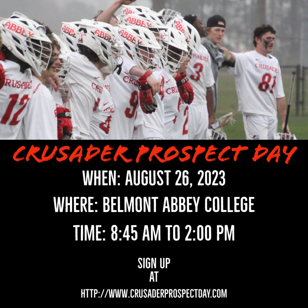 Want to become a Belmont Abbey Crusader? Well look no further as our summer prospect camp is now live Camp includes:
•Personal Coaching and instruction from the Belmont Abbey College Men's Lacrosse coaching staff
•Live scrimmaging. ​
•Campus tour with the staff
•Coaches Q&amp;A