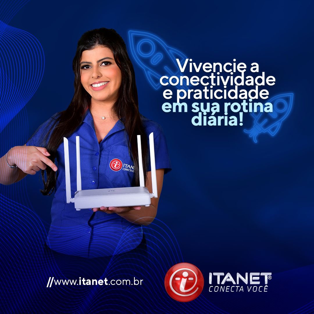 itanetconectavc's tweet photo. Assine já e garanta os melhores serviços e atendimento! 🤩💙❤️

#ItanetAcessível #ParaTodosVerem:
Na imagem temos uma modelo sorridente, com uniforme da Itanet, segurando um roteador e ao lado a frase "Vivencie a conectividade e praticidade em sua rotina diária!”
 
#Itanet https://t.co/OnWyP4J09f