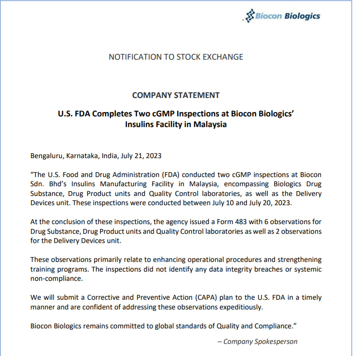MarketVedantA's tweet image. #US_FDA issues #Form483 with 6 observations for #Biocon's drug substance, drug product units and #quality control laboratories of #insulins facility in #Malaysia as well as 2 observations for the delivery devices #unit