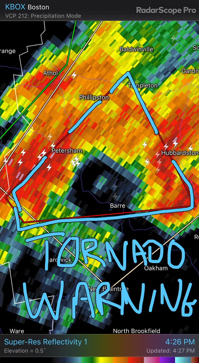 TORNADO WARNING FOR NORTHWEST CMASS NEAR PETERSHAM AT 4:26pm