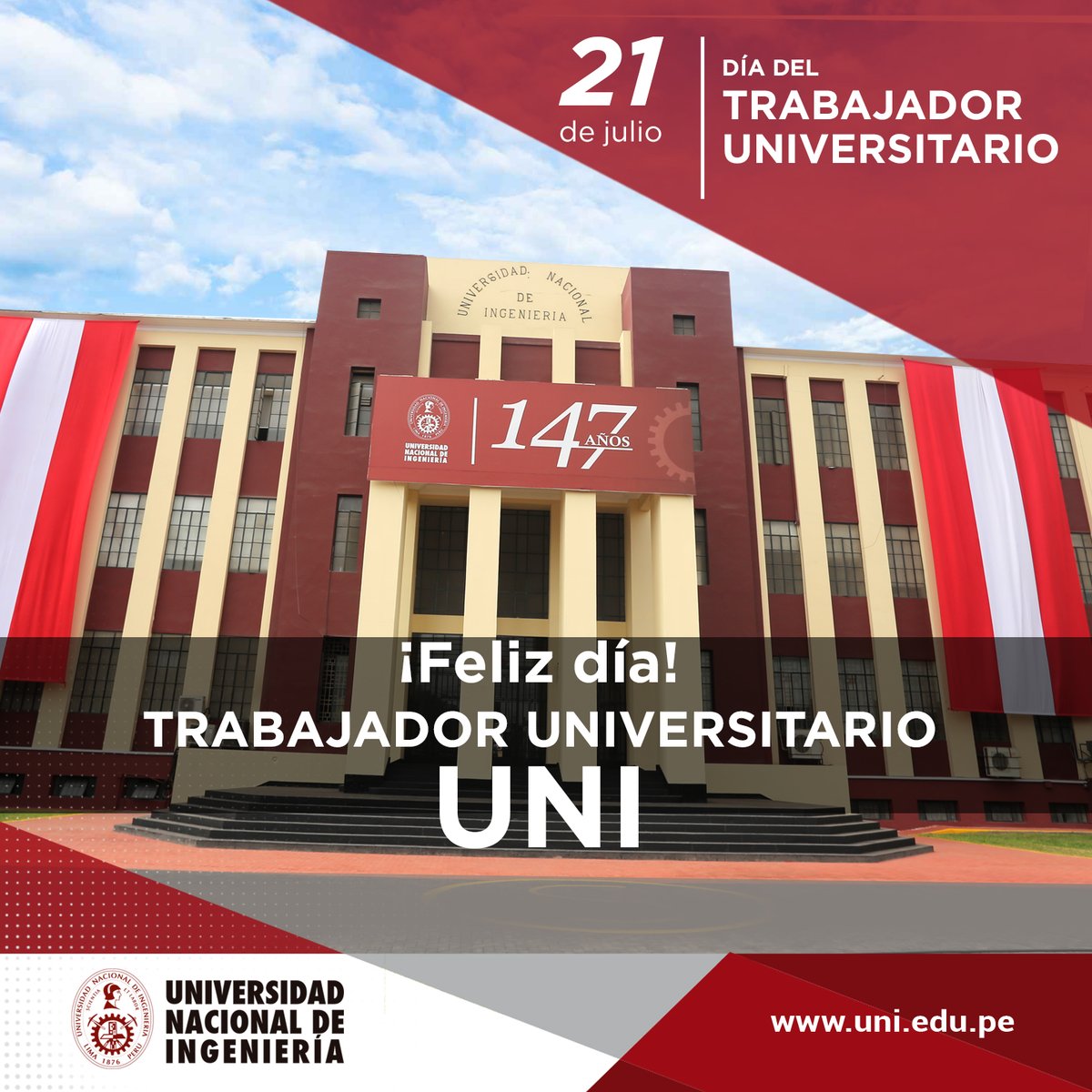 UNIoficial's tweet photo. #FelizDíaTrabajadorUNI I El rector de la Universidad Nacional de Ingeniería (UNI), Dr. Alfonso López Chau, en nombre de la comunidad universitaria tiene el honor de expresar su cordial saludo a todos los trabajadores universitarios del Perú @MTPE_Peru
#147añosUNI #UNI https://t.co/TkqL0L5vVw