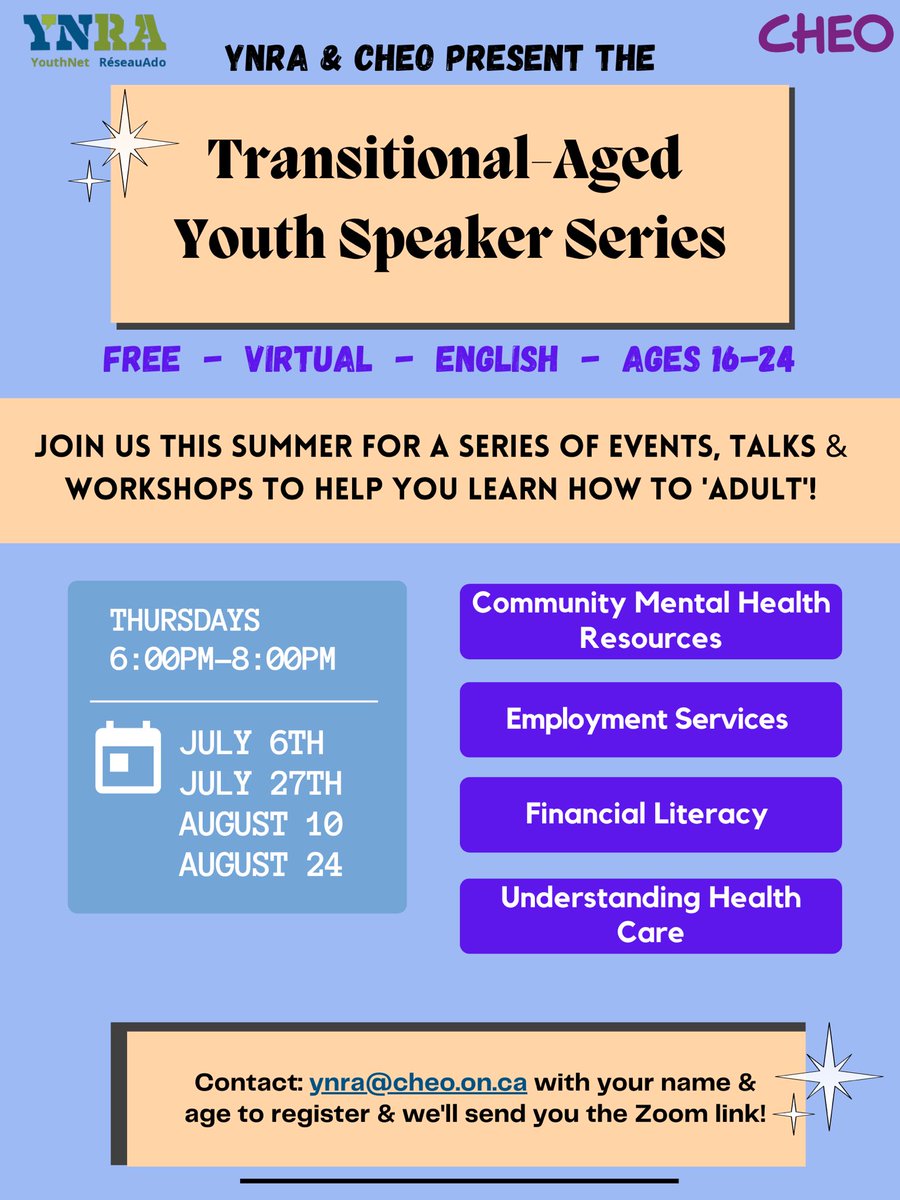 YouthNet / RéseauAdo (YNRA) (@cheoyouthnet) on Twitter photo Calling all emerging adults (16-24) in Ottawa!
Join us this summer at the Transitional Aged Youth Speaker Series to learn about some awesome “adulting” resources on employment, finances & navigating healthcare services!
Register by emailing ynra@cheo.on.ca with your name & age. Calling all emerging adults (16-24) in Ottawa!
Join us this summer at the Transitional Aged Youth Speaker Series to learn about some awesome “adulting” resources on employment, finances & navigating healthcare services!
Register by emailing ynra@cheo.on.ca with your name & age.