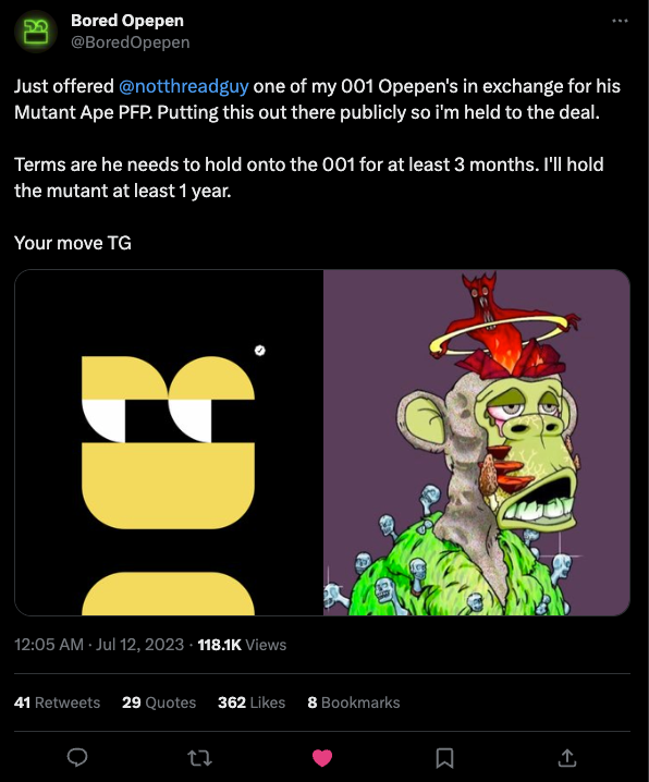 Zeneca's tweet photo. For The Culture

The story of the week in NFT land is ThreadGuy and the Opepens.

A lot of people are quick to dismiss this as influencer nonsense, teenage drama, engagement farming, or something of that ilk.

I posit that the entire story is a celebration of the creator economy, art, web3, and personal branding, in a truly beautiful way.

I just released my full writeup on it, which you can find here: https://t.co/zAv2naOiCk