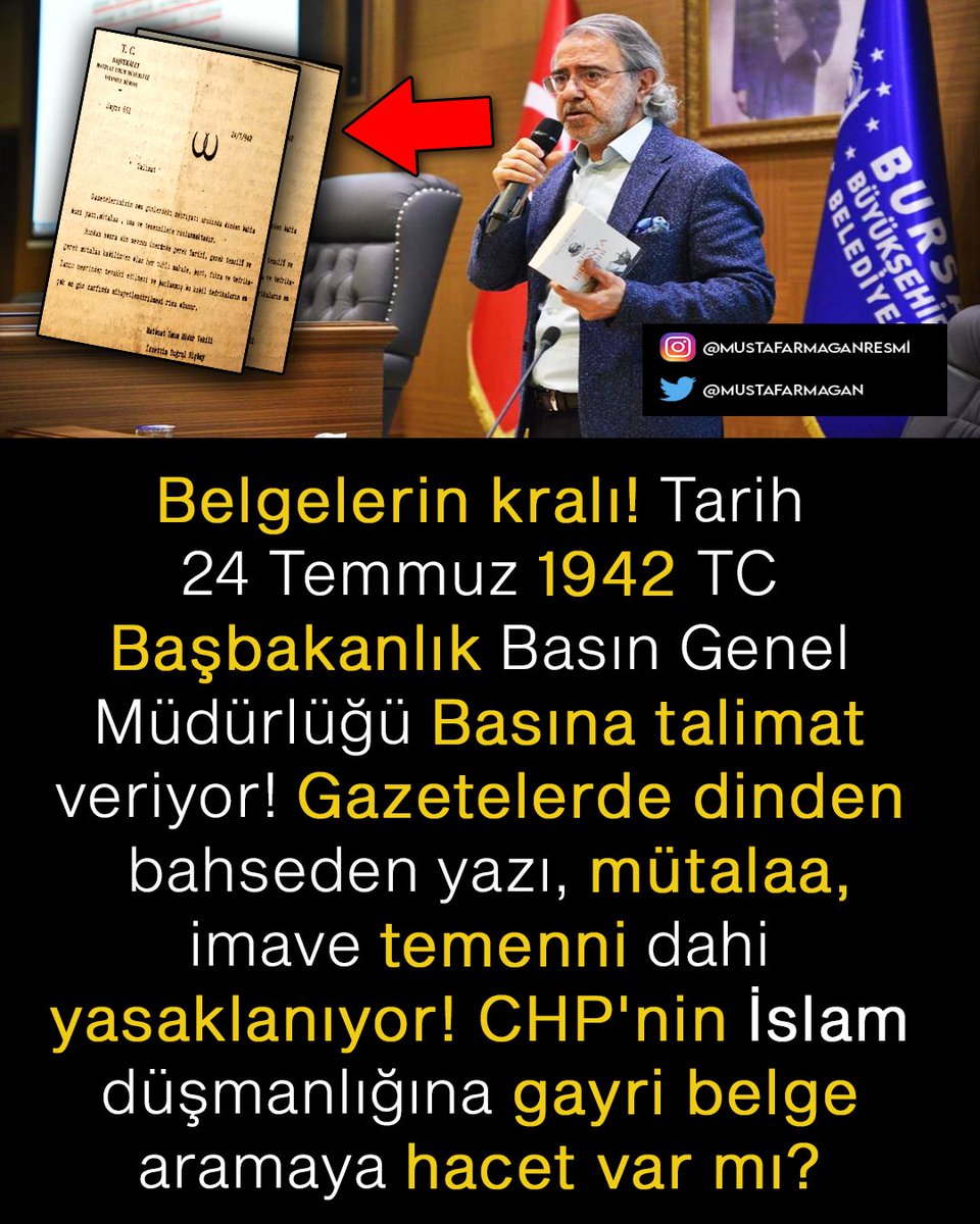 mustafarmagan's tweet photo. Belgelerin kralı

Tarih 24 Temmuz 1942
TC Başbakanlık Basın Genel Müdürlüğü basına talimat veriyor
Gazetelerde dinden bahseden yazı, mütalaa, ima ve temenni dahi yasaklanmış

CHP'nin İslam düşmanlığına bundan gayrı belge aramaya gerek var mı?

#chp #din #basın #İsmetİnönü https://t.co/mpxiqMAVDB