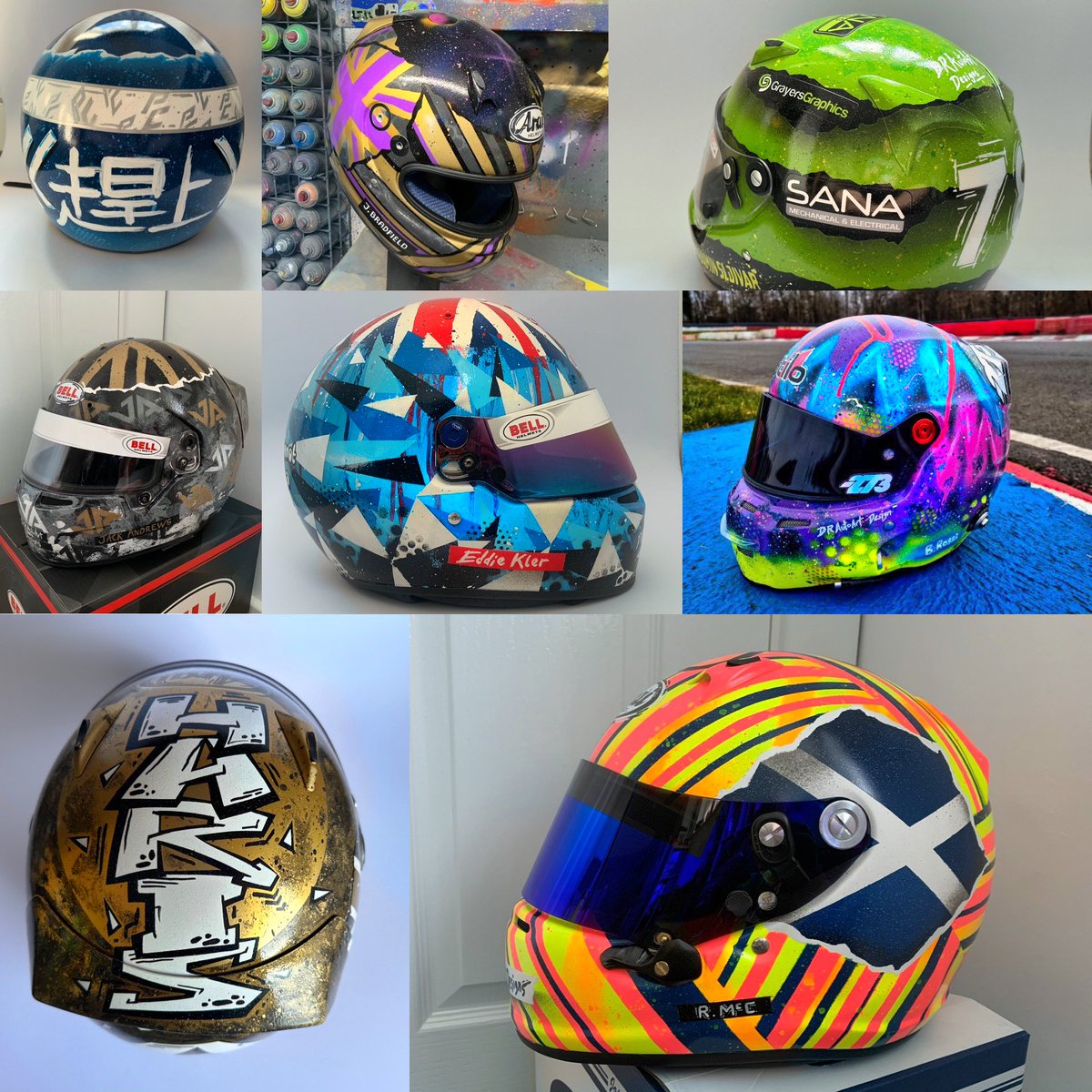 DRAutoart's tweet photo. 8 helmets done and a 9th coming next week. Who will be number 10? If you’d like a unique graffiti style design, get in touch! I love doing these helmets & fusing creative art with motorsport. #drautoartdesigns
#helmetdesign #helmetpaint #graffitihelmet #karting #superoneseries https://t.co/c2cnK2oqUm