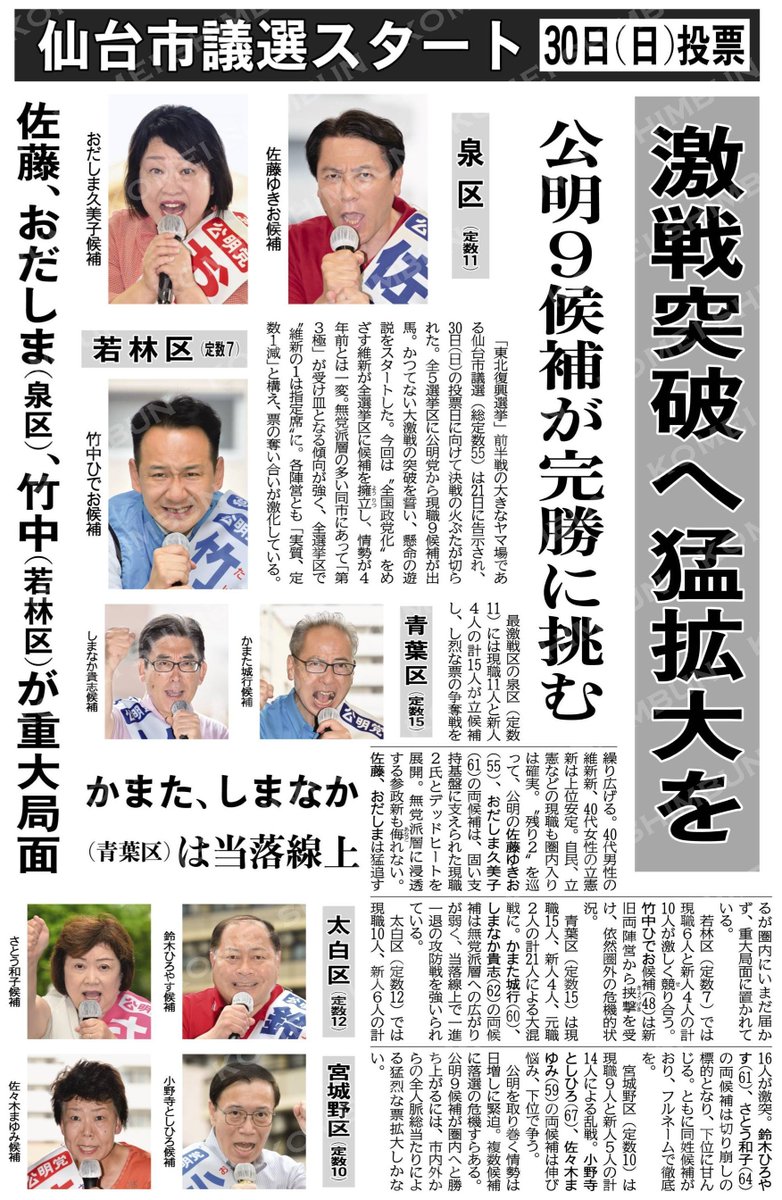 yukiko_madrigal's tweet photo. 仙台でも維新躍進の兆しあり

仙台市議選は全選挙区で『維新の1は指定席に』というとても厳しい情勢です。

連日不祥事の報道がされても維新が強いのは、都市型選挙戦に長けているからと���えます。

青葉区から立候補している #かまた城行 氏のご尊父と私の祖母は仙台の草創期の学会員で、公明党仙台市議団の中で個人的には一番印象深い方です。

 〘仙台市議選スタート 30日（日）投票〙激戦突破へ猛拡大を／公明9候補が完勝に挑む #公明新聞電子版 2023年07月22日付 https://t.co/pNdNbV2ahQ