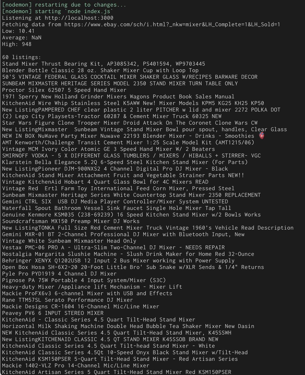 stephszeto's tweet photo. after a brief interlude this week, here's where we're at! 
✔️ the barest of bones frontend
✔️ translated PoC parsing script in Python to JS
✔️ Node backend now calling eBay and parsing results

on our docket for today: 
☐ connect our backend with our frontend 
☐ display results https://t.co/uv19J9imp0