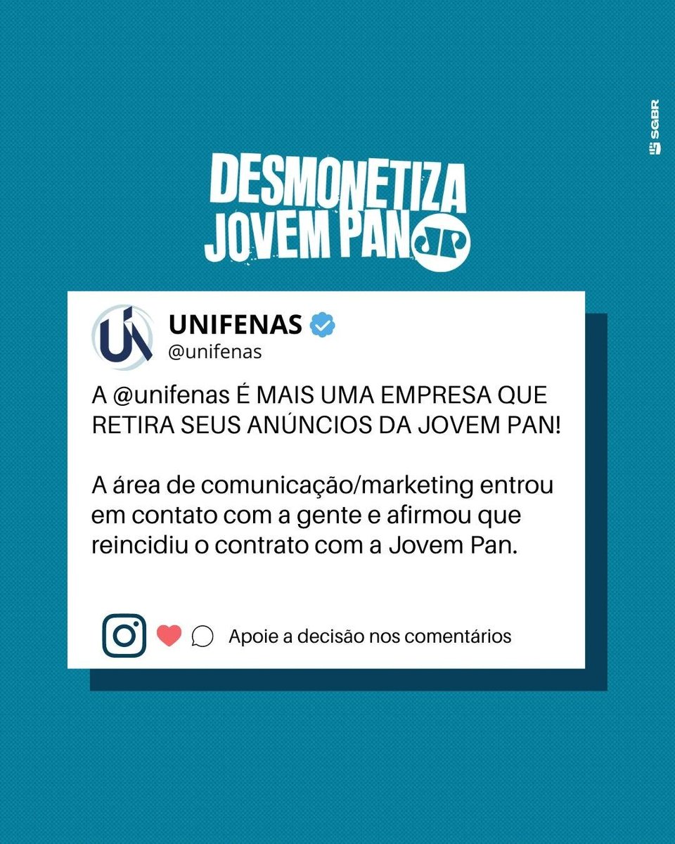 🥳 Temos mais 4 empresas que deixaram de anunciar no site ou na rádio da Jovem Pan.

Vamos dar os parabéns para: <a href="/PedigreeBR/">Pedigree Brasil</a> (101), <a href="/CCAAOficial/">CCAA</a> (102), <a href="/UNIFENASBR/">UNIFENAS</a> (103) e <a href="/MideaBrasil/">Midea do Brasil</a> (104)

Bora comemorar com #DesmonetizaJovemPan e agradecer às empresas pela ótima decisão!!