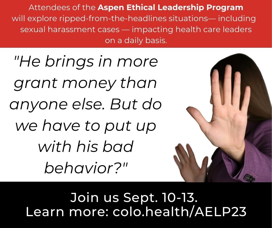 Participants in the #AELP23 will work through the toughest ethics cases facing health care leaders today, as submitted and selected by other leaders. Apply now to attend!
More info at: cuanschutz.edu/centers/bioeth…