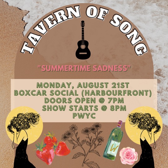 jimshedden's tweet photo. Tavern of Song #10: Summertime Sadness ⛱️😔

Featured on the lineup this month are:
Veronique Beaudet
Rebecca Hennessy
Jessica Rodrigues
&amp; Ian Kowalski

🎤 Emcee: Meredith Shedden

🗓 When: Monday, August 21st, 2023, 8pm (doors open at 8pm) 
🏠Where: Boxcar Social Harbourfront https://t.co/GncY5XBEag