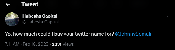 k7bb7's tweet photo. Johnny Somali, who falsely attaches "Somali" to his name despite being Ethiopian 🇪🇹, has another Twitter account called @HabeshaCapital. If you Google what Habesha means, it tells you that Habesha peoples is an ethnic or pan-ethnic identifier that has been historically employed to refer to Semitic language-speaking and predominantly Orthodox Christian peoples found in the highlands of Ethiopia and Eritrea between Asmara and Addis Ababa, and this usage remains common today. This alone is proof that he is not Somali.

Back in February 2023, he messaged the owner of the @JohnnySomali handle using his @HabeshaCapital account in order to try and buy the account from them. I assume the owner of the @JohnnySomali handle never responded to him or declined his offer, which is why he settled on the username @SomaliJohnny instead. 

On the @HabeshaCapital account, he made tweets about "taking over the content game" and posted a tweet with a link to one of his videos on YouTube. He was also tweeting/retweeting a lot of tweets about Ethiopia. Johnny Somali has admitted in the past that he can't speak Somali, and when people have questioned him about this further, he ignores them. One of the tweets he retweeted was a tweet from the PM of Ethiopia written in Amharic, which is one of the official languages in Ethiopia. Does that mean he can speak Amharic? I took screenshots of those tweets because he has since deleted all the tweets from that account that link him back to Johnny Somali. #johnnysomali #���ョニーソマリ #suspendas #Japan #Thailand
