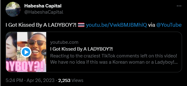 k7bb7's tweet photo. Johnny Somali, who falsely attaches "Somali" to his name despite being Ethiopian 🇪🇹, has another Twitter account called @HabeshaCapital. If you Google what Habesha means, it tells you that Habesha peoples is an ethnic or pan-ethnic identifier that has been historically employed to refer to Semitic language-speaking and predominantly Orthodox Christian peoples found in the highlands of Ethiopia and Eritrea between Asmara and Addis Ababa, and this usage remains common today. This alone is proof that he is not Somali.

Back in February 2023, he messaged the owner of the @JohnnySomali handle using his @HabeshaCapital account in order to try and buy the account from them. I assume the owner of the @JohnnySomali handle never responded to him or declined his offer, which is why he settled on the username @SomaliJohnny instead. 

On the @HabeshaCapital account, he made tweets about "taking over the content game" and posted a tweet with a link to one of his videos on YouTube. He was also tweeting/retweeting a lot of tweets about Ethiopia. Johnny Somali has admitted in the past that he can't speak Somali, and when people have questioned him about this further, he ignores them. One of the tweets he retweeted was a tweet from the PM of Ethiopia written in Amharic, which is one of the official languages in Ethiopia. Does that mean he can speak Amharic? I took screenshots of those tweets because he has since deleted all the tweets from that account that link him back to Johnny Somali. #johnnysomali #���ョニーソマリ #suspendas #Japan #Thailand
