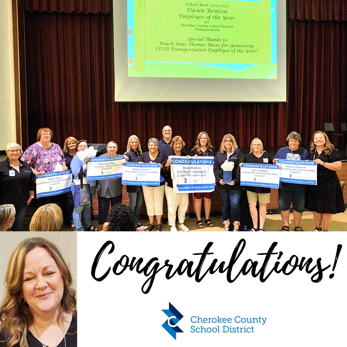 CCSD congratulates the winners of its second annual Transportation Employee of the Year Awards! This year’s overall winner is Dawn Benton, a bus driver for the Etowah Innovation Zone. Read more & see all the winners' names: cherokeek12.net/post-detail/~b… #CCSDfam