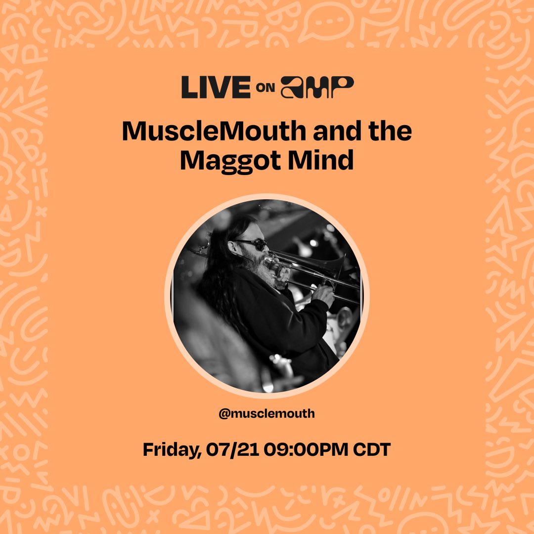 ETIPRecords's tweet image. MuscleMouth and the Maggot Mind only on Amp Radio tonight at 9pm CST, 7pm Pacific. Download the Amp radio app on your Apple device and search for @musclemouth 
Or try:
“Alexa play Amp.”
“Alexa play ‘MuscleMouth and the Maggot Mind.’”