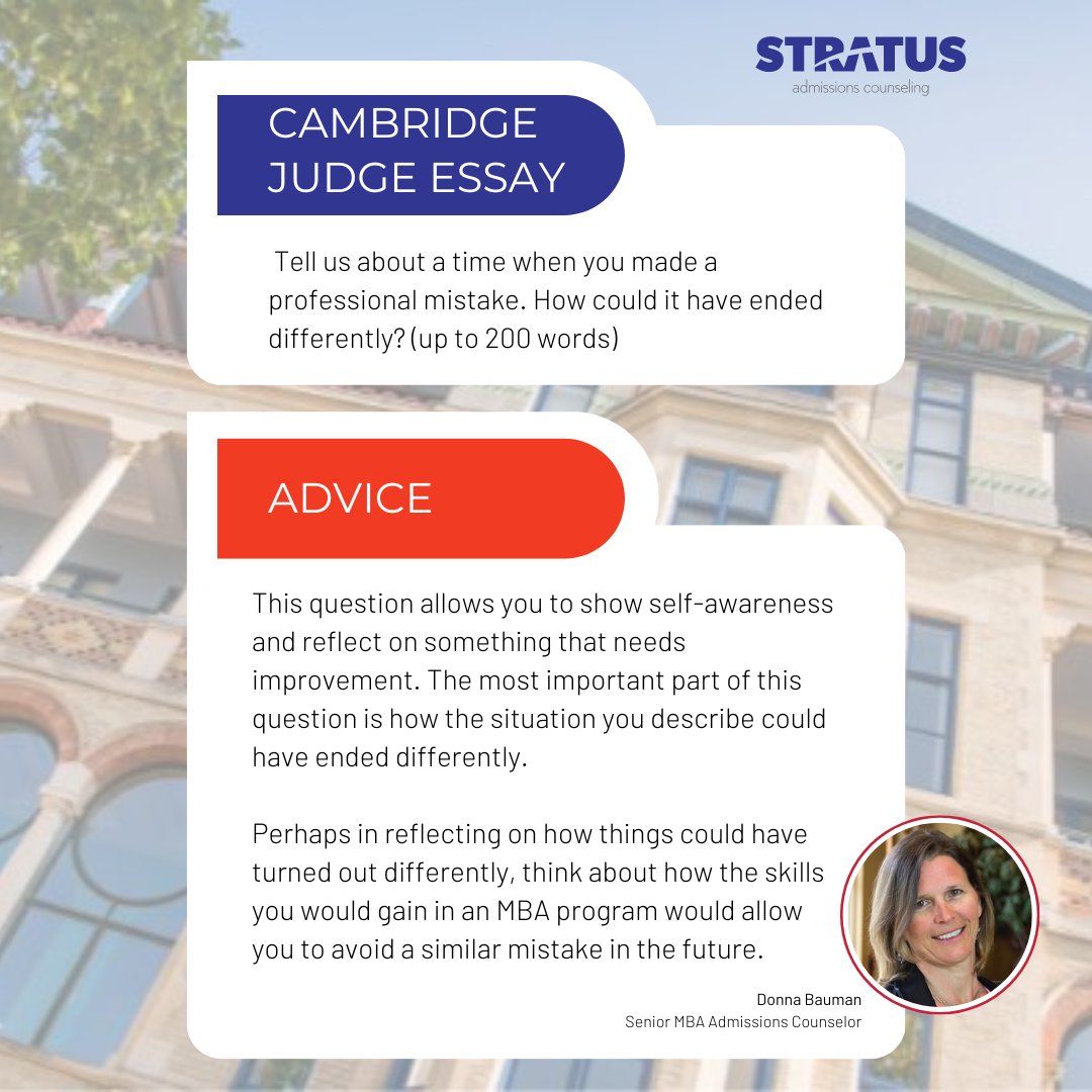 @CambridgeMBA has released its new essay prompts. Let's start brainstorming with advice from Stratus Senior MBA Admissions Counselor, Donna Bauman!
bit.ly/3YhJ62R
#CambridgeJudge
#CambridgeMBA
#bschool
#businessschool
#StudyUK