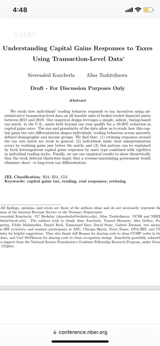 Cool paper at NBER HF (Kancherla and Tazhitdinova) finds people leave money on the table by selling stocks 364 days after buying; would save 10-15% in taxes by waiting one day

Suggests people may not be as responsive to cap gains tax as we might think

conference.nber.org/conf_papers/f1…