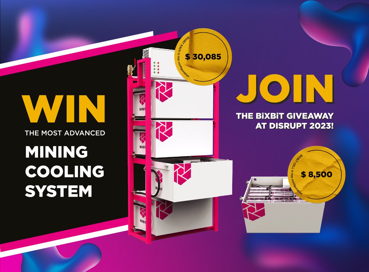 MiningDisrupt's tweet photo. The @bixbit_official  brand, manufacturer of immersion cooling systems, will be giving away one fully equipped BiXBiT Rack and one BiXBiT Cell during #MiningDisrupt. Anyone has a chance to win these amazing prizes.

Just pick up a free BiXBiT brochure at booth #46 on July 25-27.

Follow the instructions inside and you are in! The winners will be randomly chosen on our BiXBiT YouTube channel on August 1st! Don't miss this one!